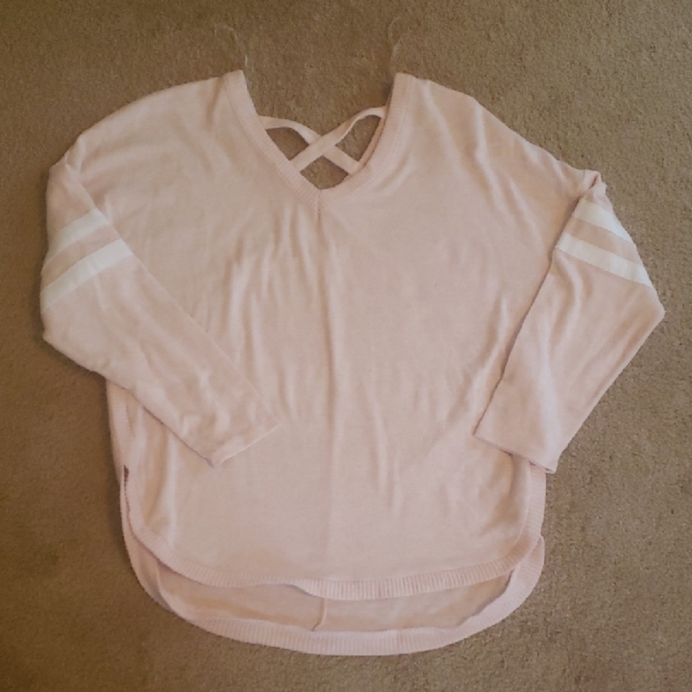 No Boundaries XL 15 17 Pink Light Sweater Striped Sleeves Criss Cross Back